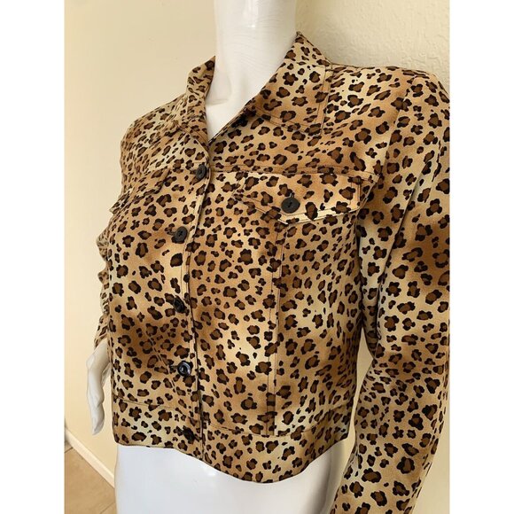 Vintage 90s Jacket Maggy London Silk Leopard Print Top Petite 4 Size Small S - Picture 4 of 5
